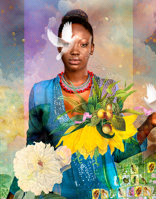 Colorful photo illustration of an African American woman looking at you with fruits, flower and white doves flying in the air.